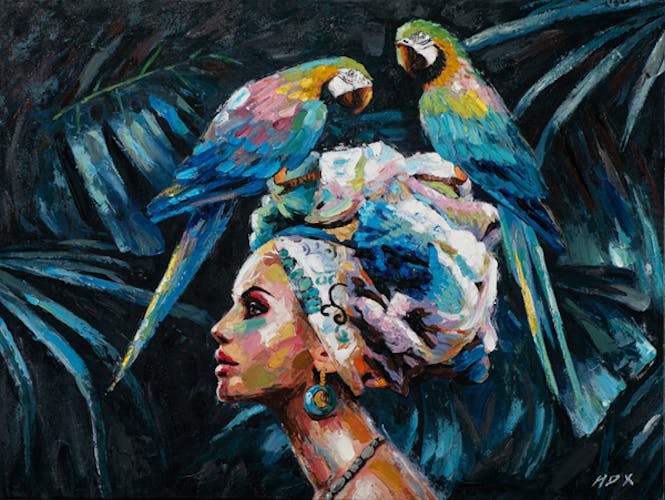 Tableau de femme africaine et 2 perroquets
