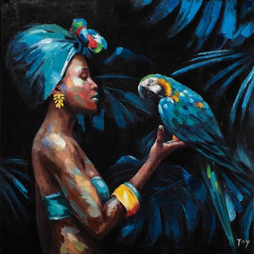  Tableau de femme africaine et perroquet