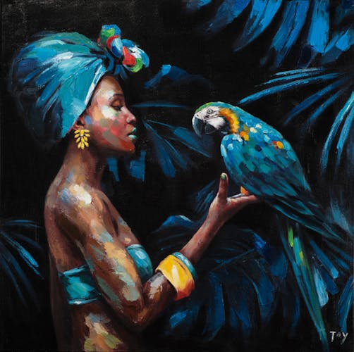 Tableau de femme africaine et perroquet