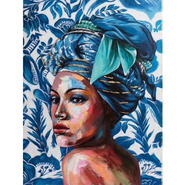  Tableau de femme avec coiffe bleue