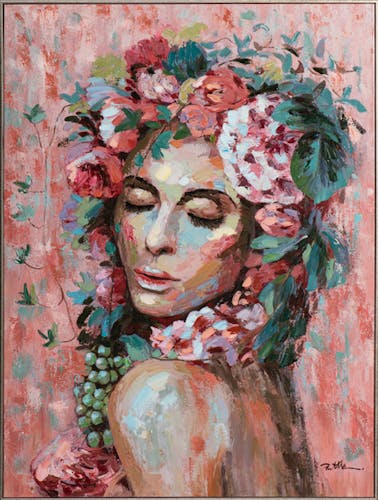 Tableau de femme avec coiffe de fleurs fond clair