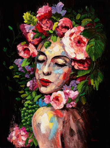 Tableau de femme avec coiffe de fleurs fond noir