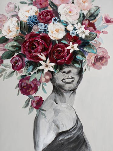 Tableau de femme avec coiffe fleurie multicolore