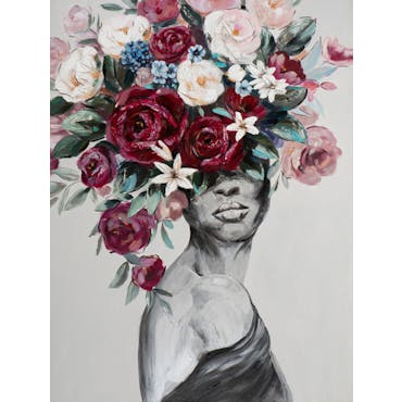 Tableau de femme avec coiffe fleurie multicolore