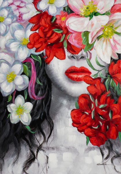 Tableau de femme cheveux longs et fleurs