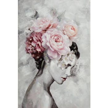 Tableau de femme coiffe de fleurs fond gris