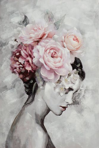 Tableau de femme coiffe de fleurs fond gris