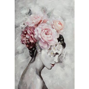  Tableau de femme coiffe de fleurs fond gris