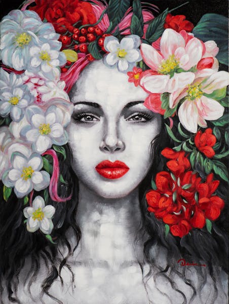 Tableau de femme de face cheveux longs et fleurs