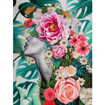  Tableau de femme de profil avec fleurs colorées