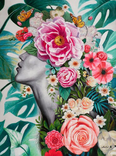 Tableau de femme de profil avec fleurs colorées