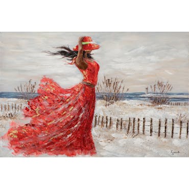  Tableau de femme sur la plage en robe rouge