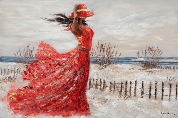 Tableau de femme sur la plage en robe rouge
