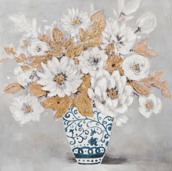 Tableau de fleurs blanches et or dans vase