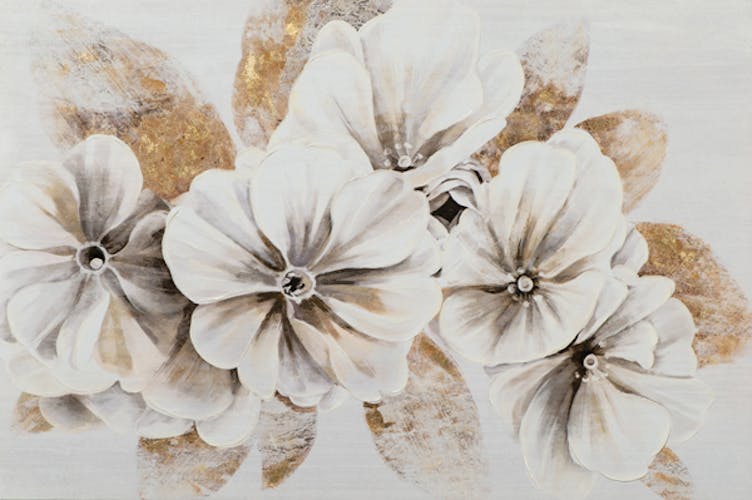 Tableau de fleurs blanches et or fond gris