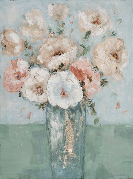 Tableau de fleurs blanches et roses fond bleu