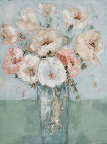 Tableau de fleurs blanches et roses fond bleu