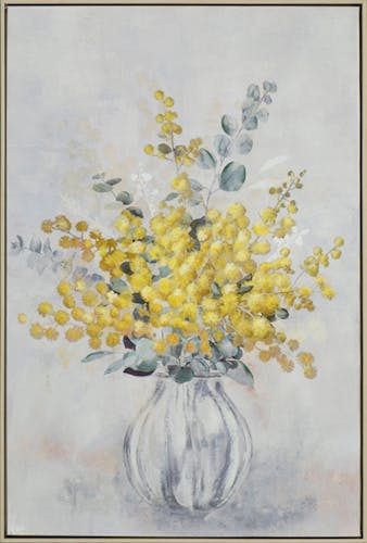 Tableau de fleurs de mimosa dans vase rond