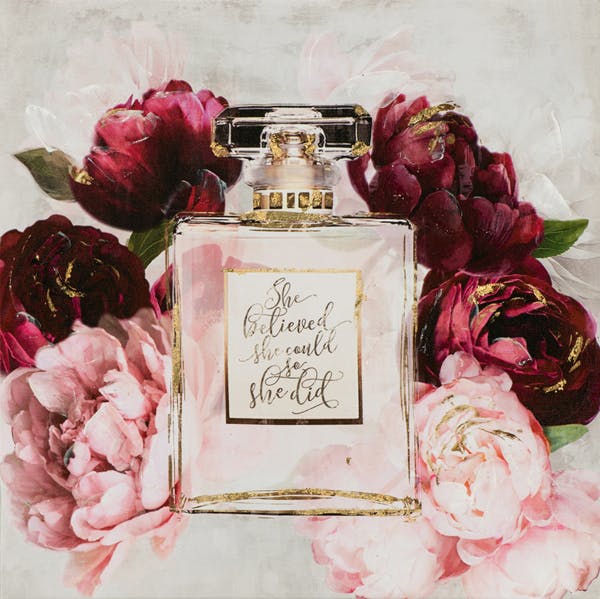 Tableau de fleurs de pivoines et flacon de parfum