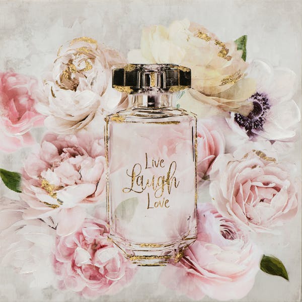 Tableau de fleurs de pivoines et flacon parfum nuances dorées