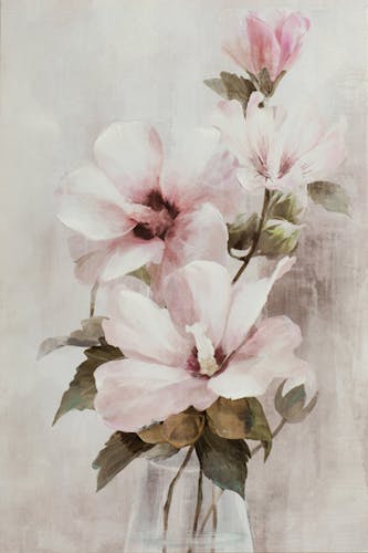 Tableau de fleurs roses fond gris