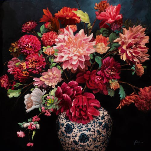 Tableau de fleurs rouge et rose dans vase fond noir