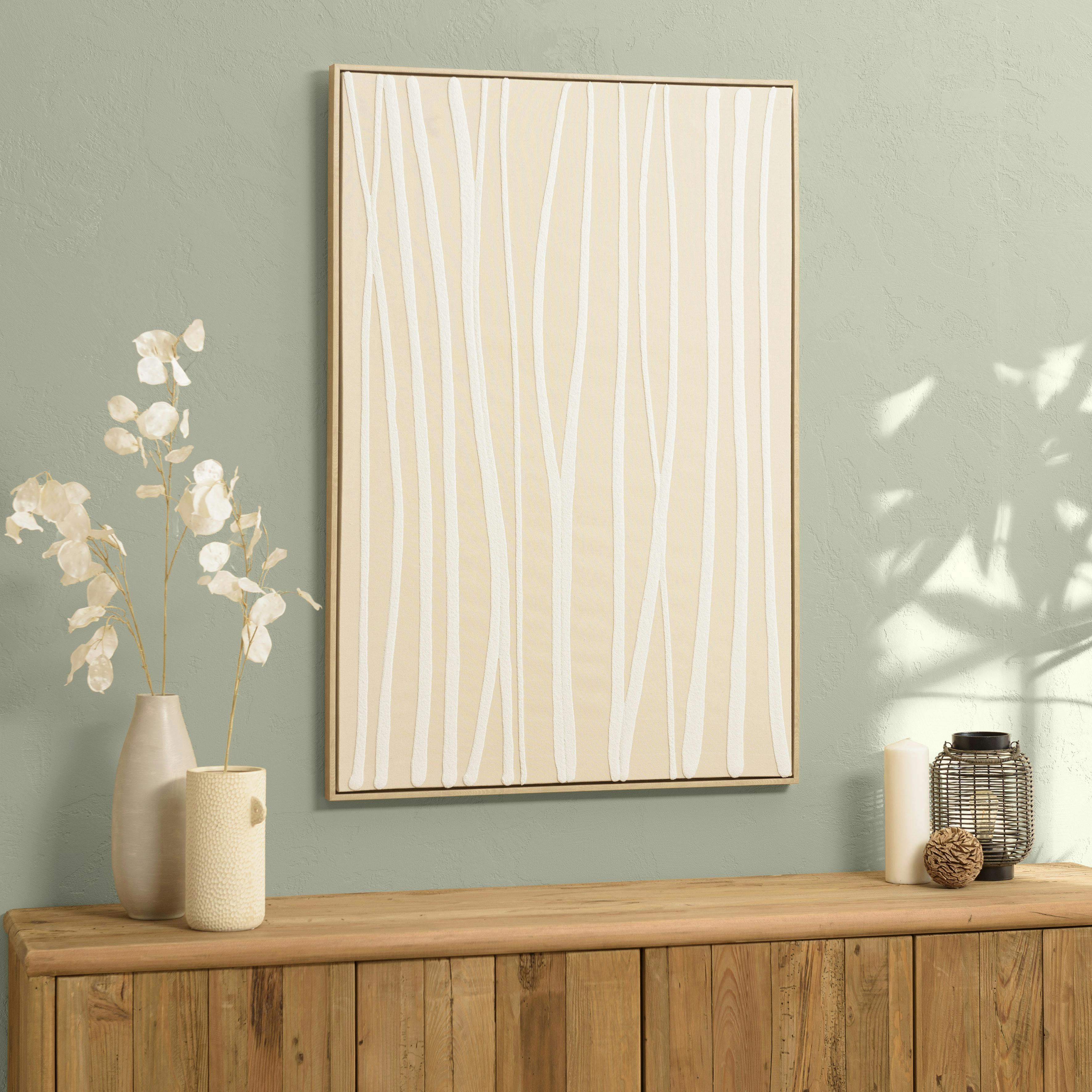 Tableau écru lignes blanches peinture au sable 83 x 123 cm