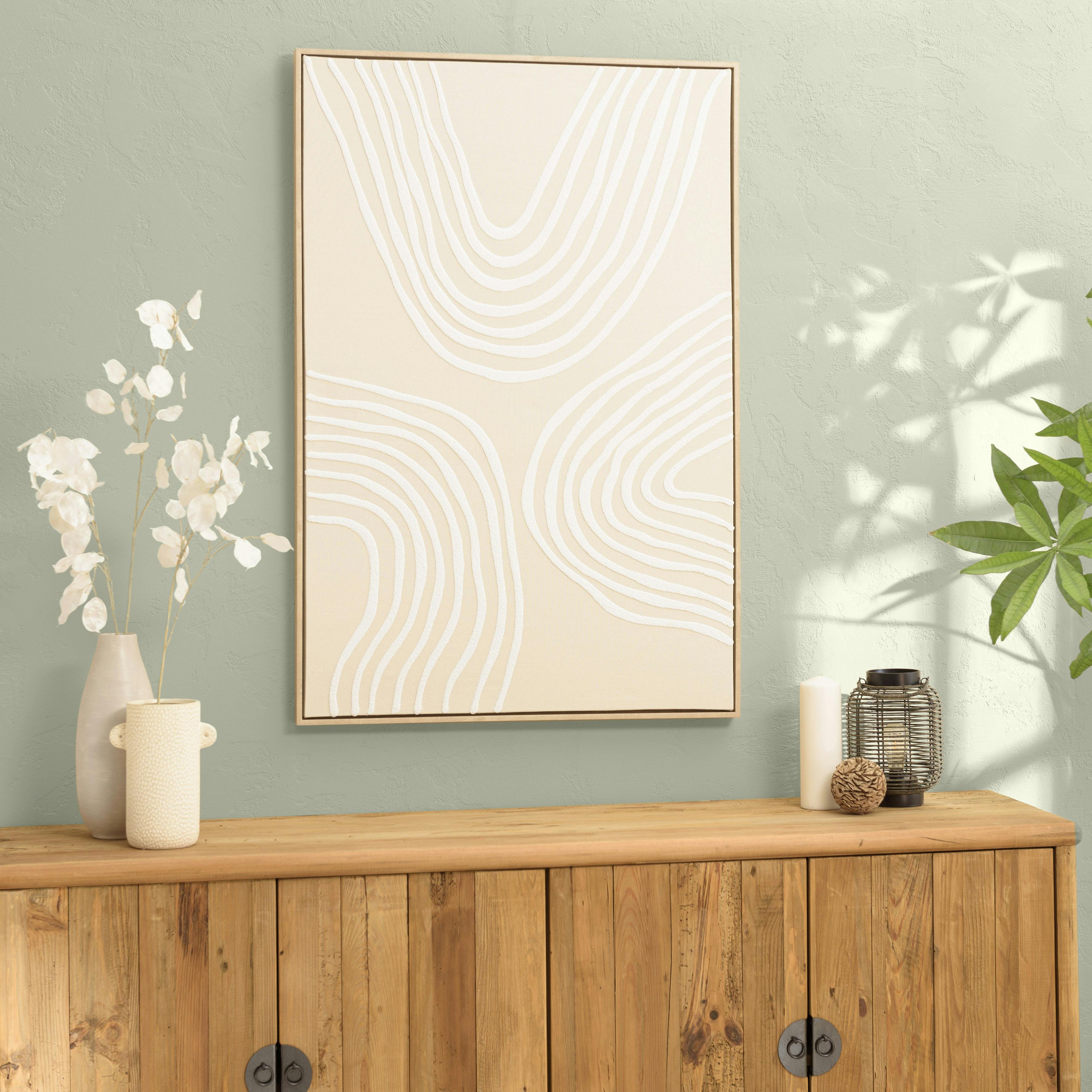 Tableau écru motif courbes blanches en relief 83 x 123 cm