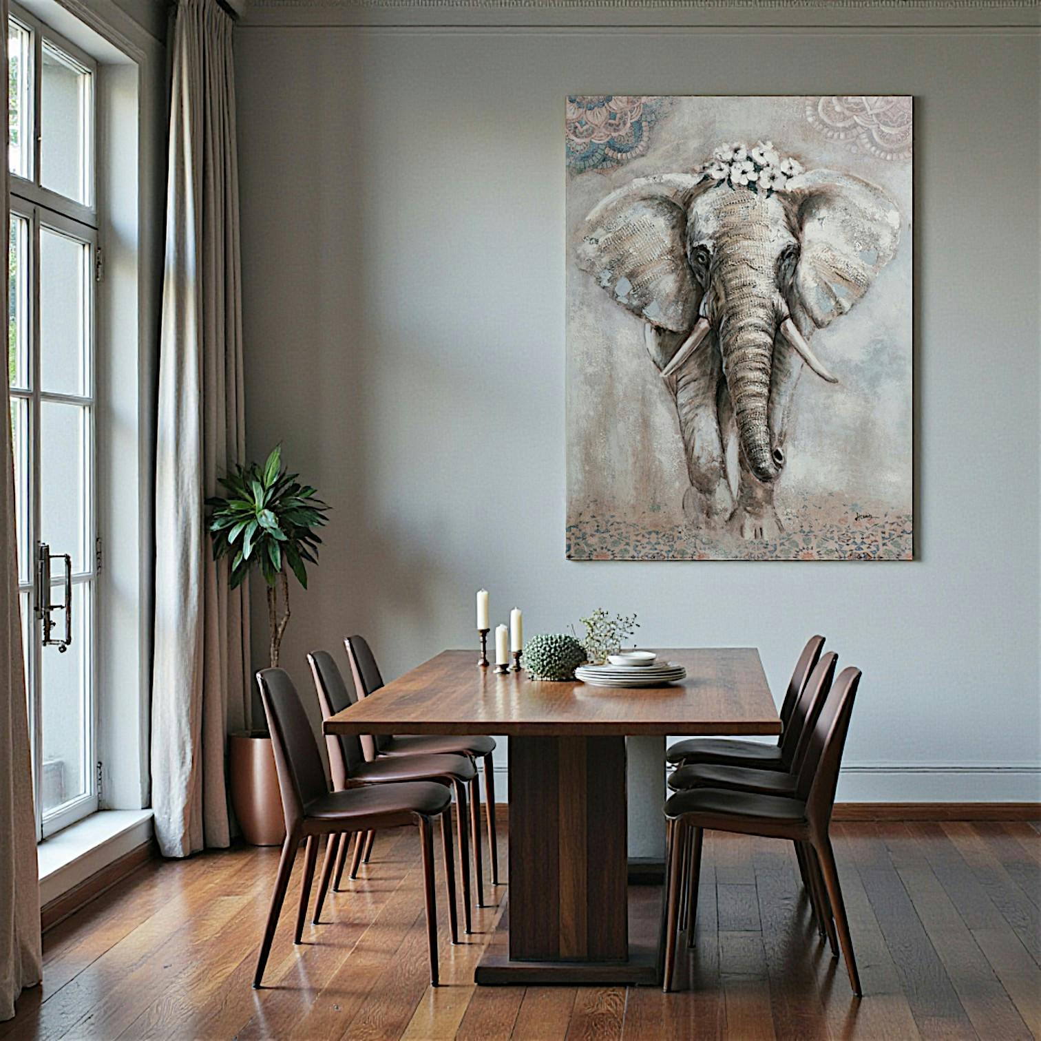 Tableau éléphant en marche avec fleurs