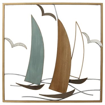 Tableau en métal doré et bois avec 3 voiliers