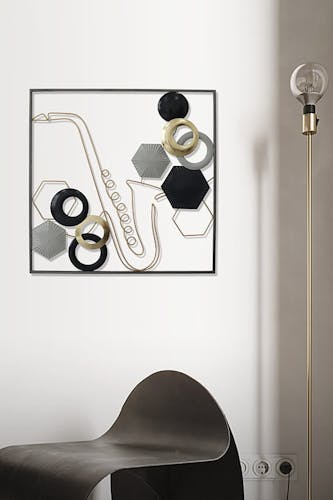 Tableau en métal saxophone tons noir, gris et or