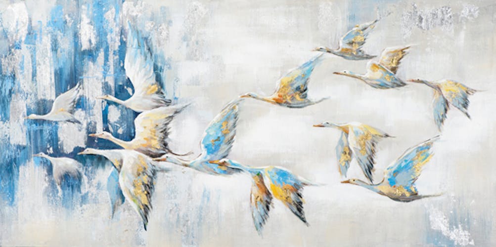 Tableau Envolée D'oiseaux blancs aux ailes dorées et bleues tons beiges, bleus, blancs et gris 140x70cm