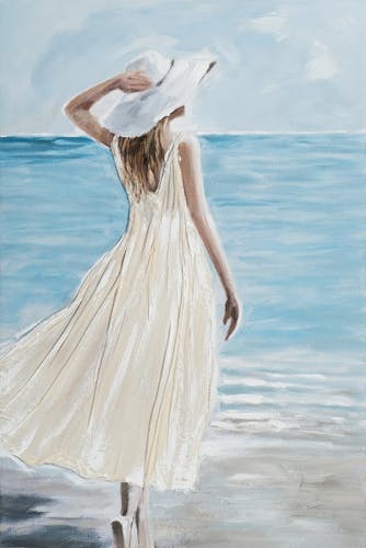 Tableau femme à capeline sur la plage 80x120