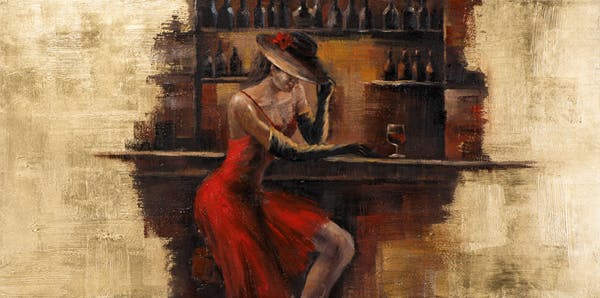Tableau FEMME accoudée au comptoir tons rouges, bruns, beiges et dorés 70x140cm