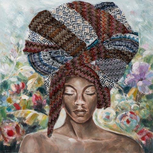 Tableau femme africaine à grande coiffe brune 100x100