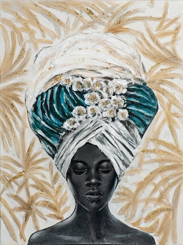 Tableau femme africaine à grande coiffe tons bleu, vert, beige 90x120