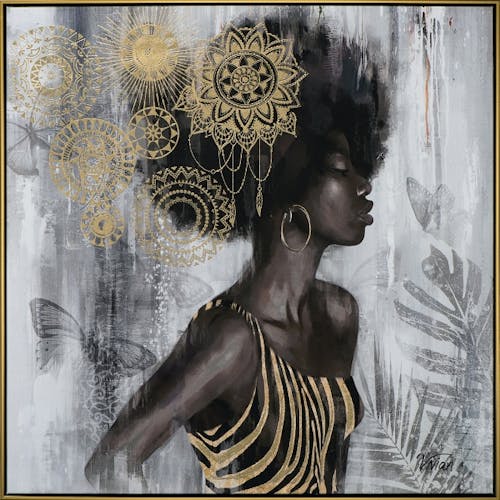 Tableau femme africaine de profil tons noir et or 82,5x82,5