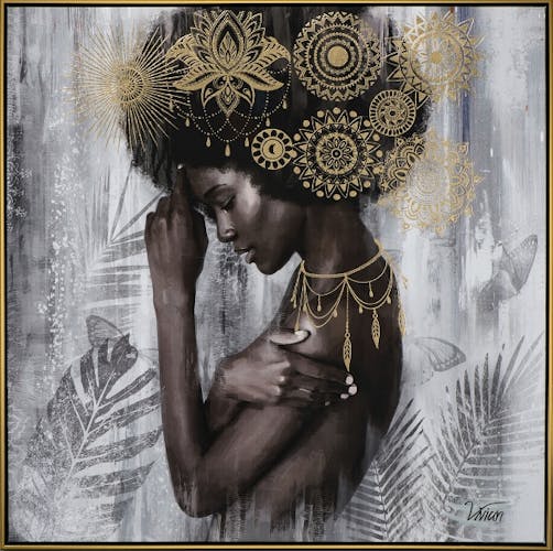 Tableau femme africaine en réflexion noir et or 82,5x82,5