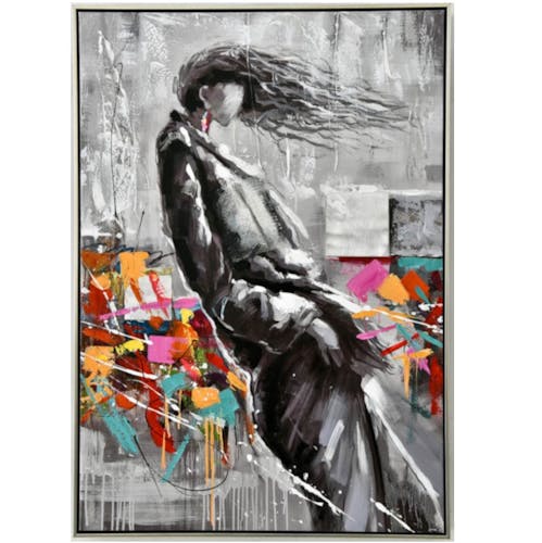 Tableau femme dans vent fond gris et coloré