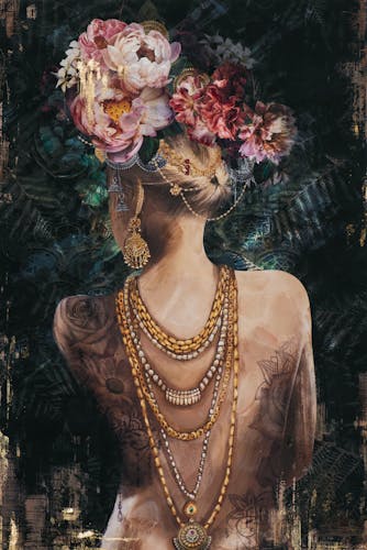 Tableau femme de dos décorée et fleurie