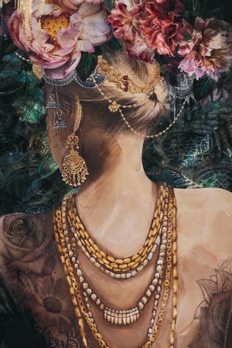Tableau femme de dos décorée et fleurie