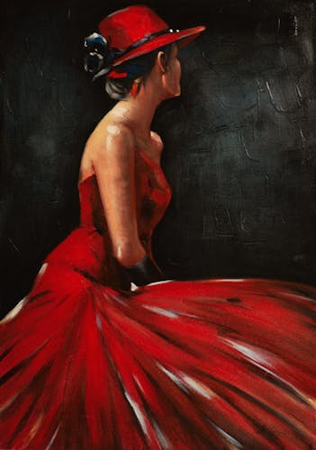 Tableau FEMME en robe rouge sur fond noir 70x100cm