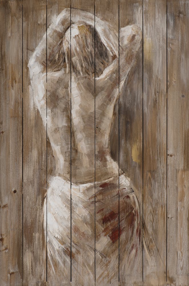 Tableau FEMME Nue drapée Bras au dessus de la tête tons beige et blancs 80x120cm