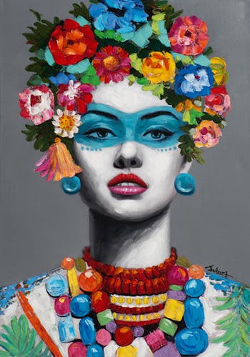 Tableau FEMME POP-ART avec fleurs dans les cheveux 70x100cm
