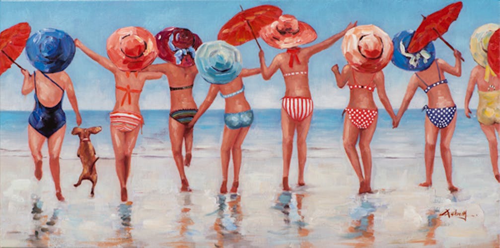 Tableau FEMMES POP-ART Groupe sur la plage multicolore 50x100cm