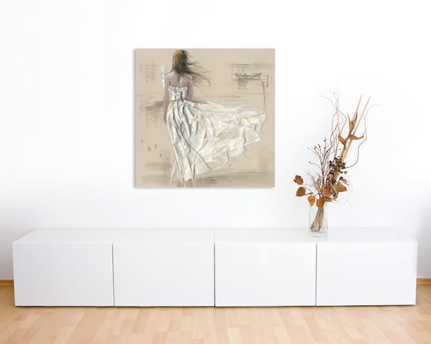 Tableau fibre naturelle 100x100 - peinture femme, robe en relief