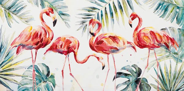 Tableau Flamants Rose Majestueux entourés de Feuilles tropicales tons multicolores 140x70cm