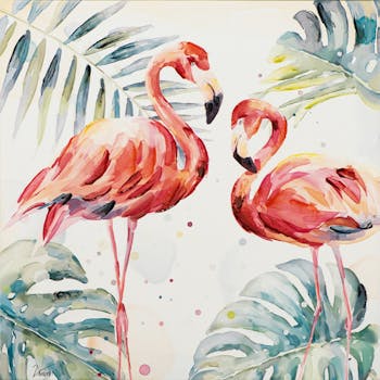 Tableau Flamants Rose Majestueux entourés de Feuilles tropicales tons multicolores 80x80cm