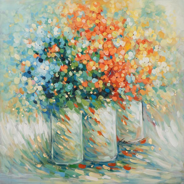 Tableau FLEURS 3 vases et fleurs tons bleus, orangés, jaunes et blancs 100x100cm