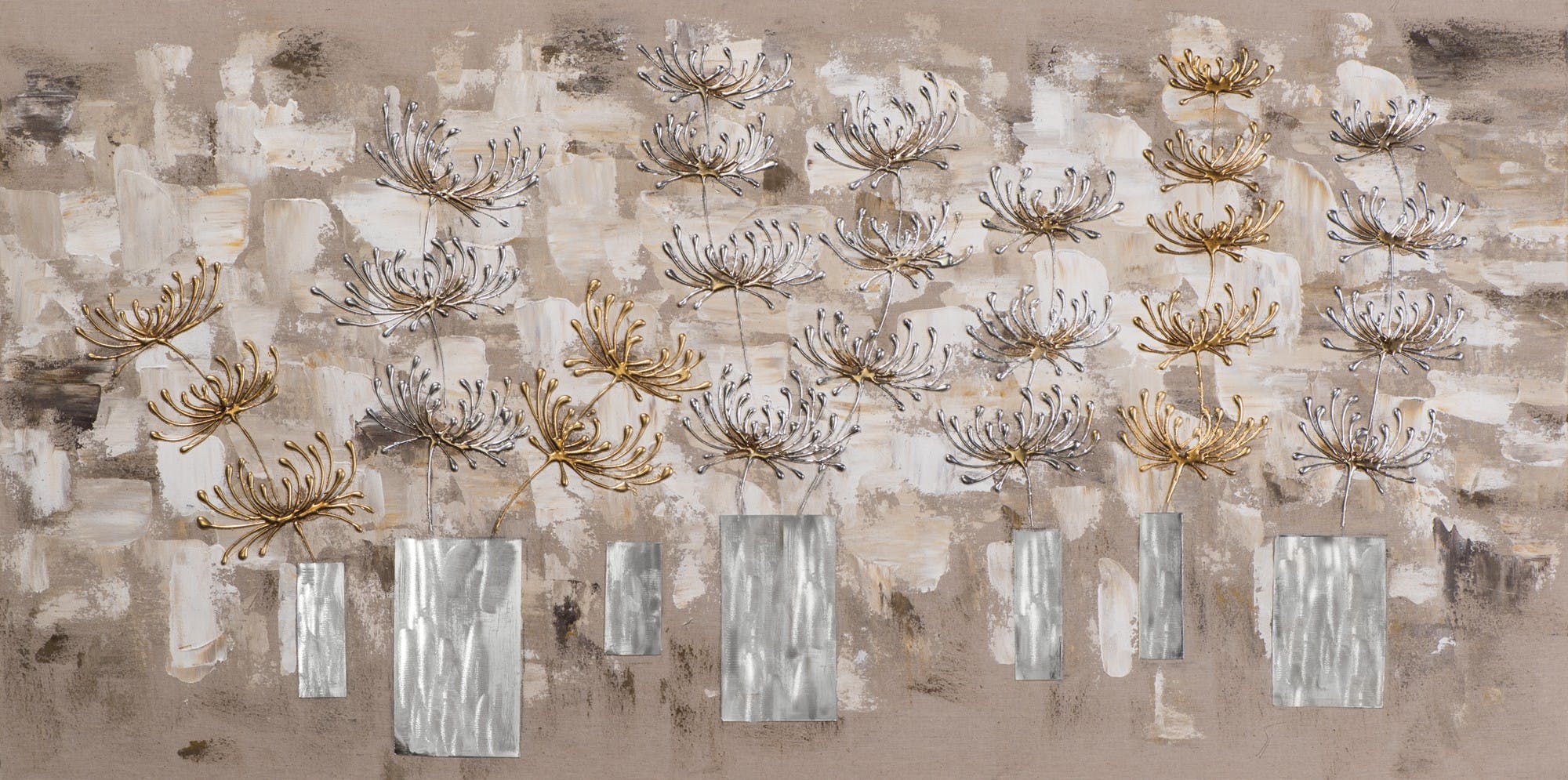 Tableau Fleurs abstrait 70x140 peint sur toile fibre naturelle et ajout d'éléments métal en relief. Peinture acrylique